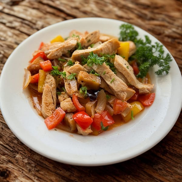 Frittella Italian Cafe's chicken and vegetable stir-fry with red and yellow peppers, onions, and parsley.