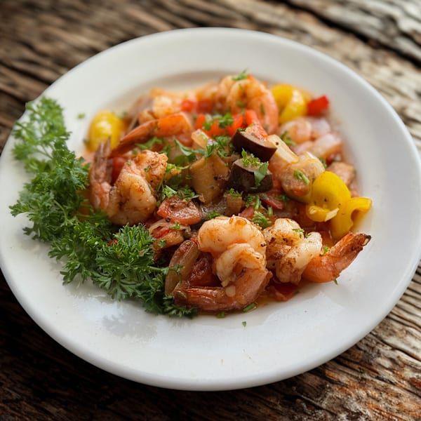 Frittella Italian Cafe's shrimp dish with vegetables and parsley on a white plate.
